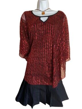 Vintage Cure Plus 1X Red Sequin Sheer Overlay Tunic Blouse Whimsigoth Goth